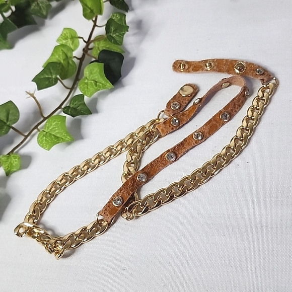 Gold Cuban Link Chain and Camel Color Leather Boot Ankle Bracelet - Picture 3 of 8